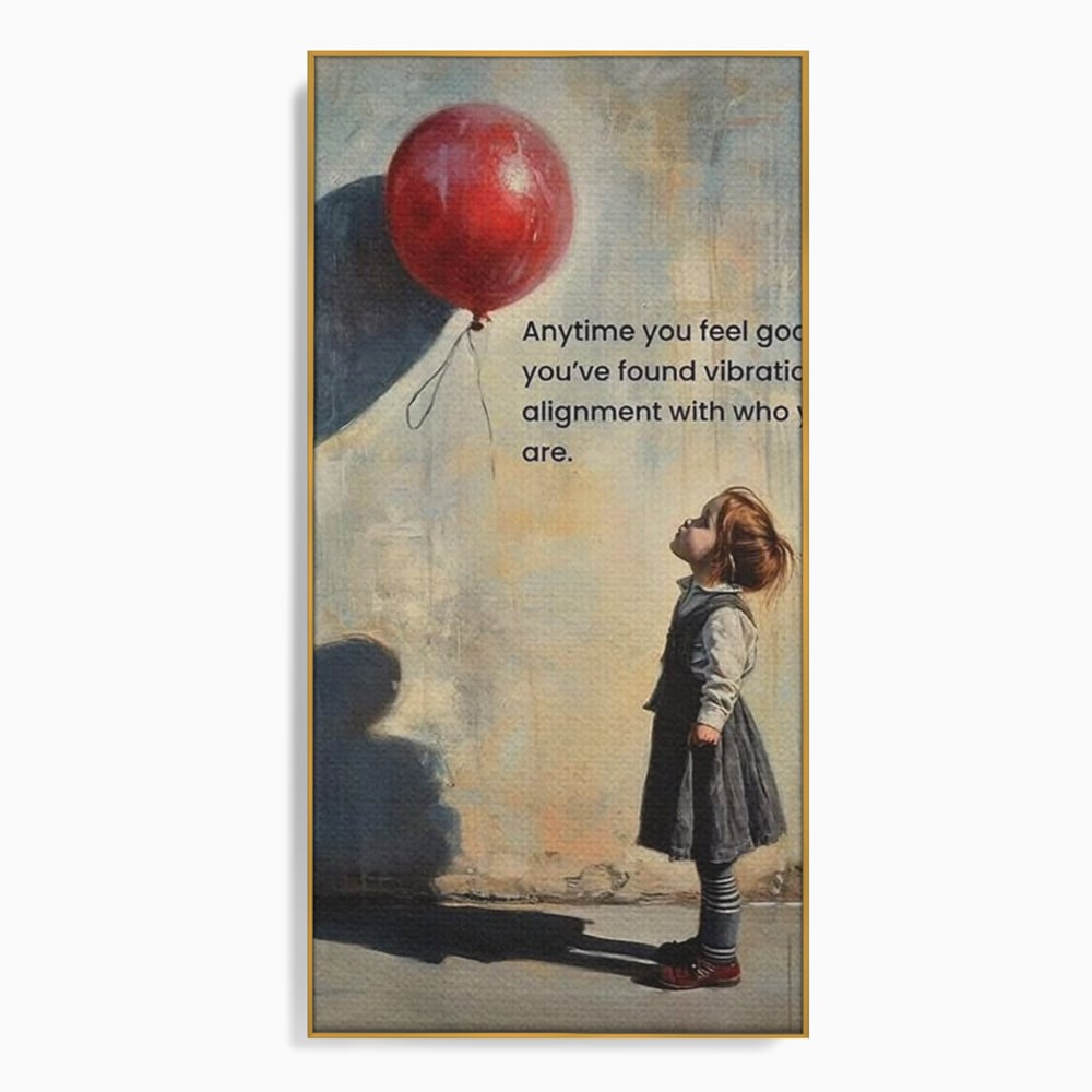 Tablou canvas cu tablou canvas cu fetita si balon rosu, in rama de aluminiu auriu